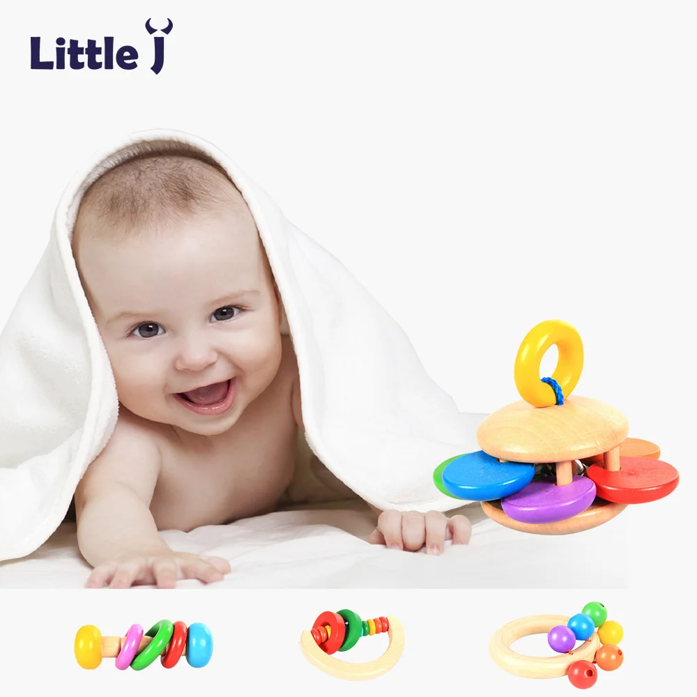 4Pcs Kid Wooden Bell Rattle Toy Baby Handbell Musical Educational