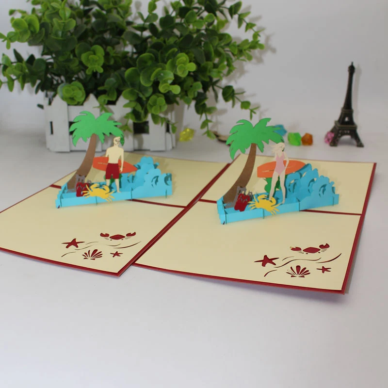  3D Laser Cut Handmade Red Cover Seashore Surfing Boy Girl Paper Invitation Greeting Cards PostCard  - 32889373666