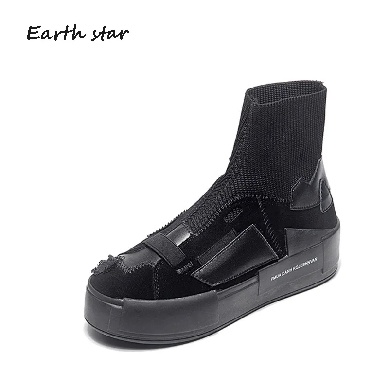 

Platform Sock Shoes Women Fashion Brand High Top Sneakers Real Leather Lady chaussure Autumn Female footware Breathable Black