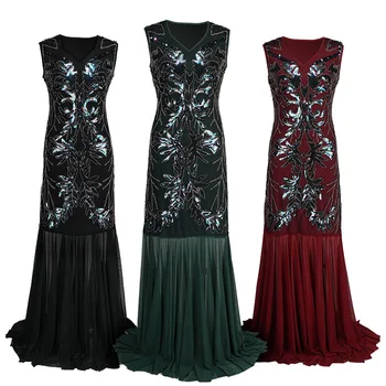 

2019new Women Party Dress Vintage 1920s Beading Sequins Embroidery Lotus Leaf Dresses Sleeveless Evening Party Retro Long Dress