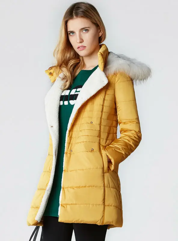 

women's warm cotton hooded parkas yellow black slim fit long hood coat jackets