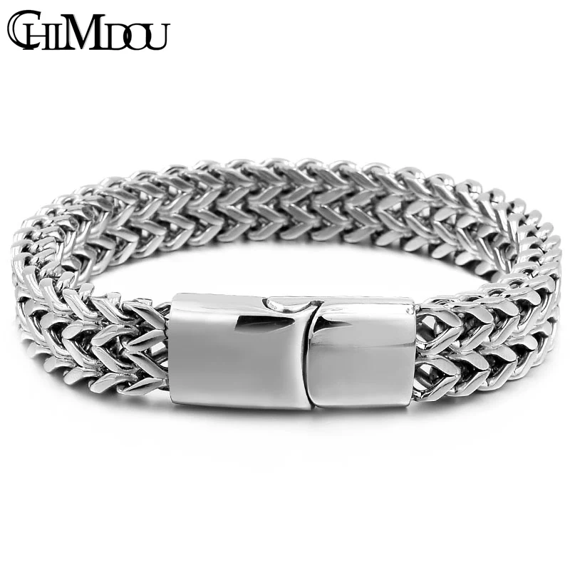 

CHIMDOU male jewelry silver color bracelets for men/man flat Curb Cuban snake chain link cut bangle stainless steel wholesale