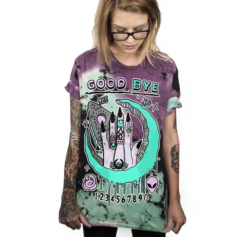 

New Harajuku Women T Shirts Alien Finger 3d Printedo Neck Long Tshirt Tie Dye Loose Summer Tops Big Size