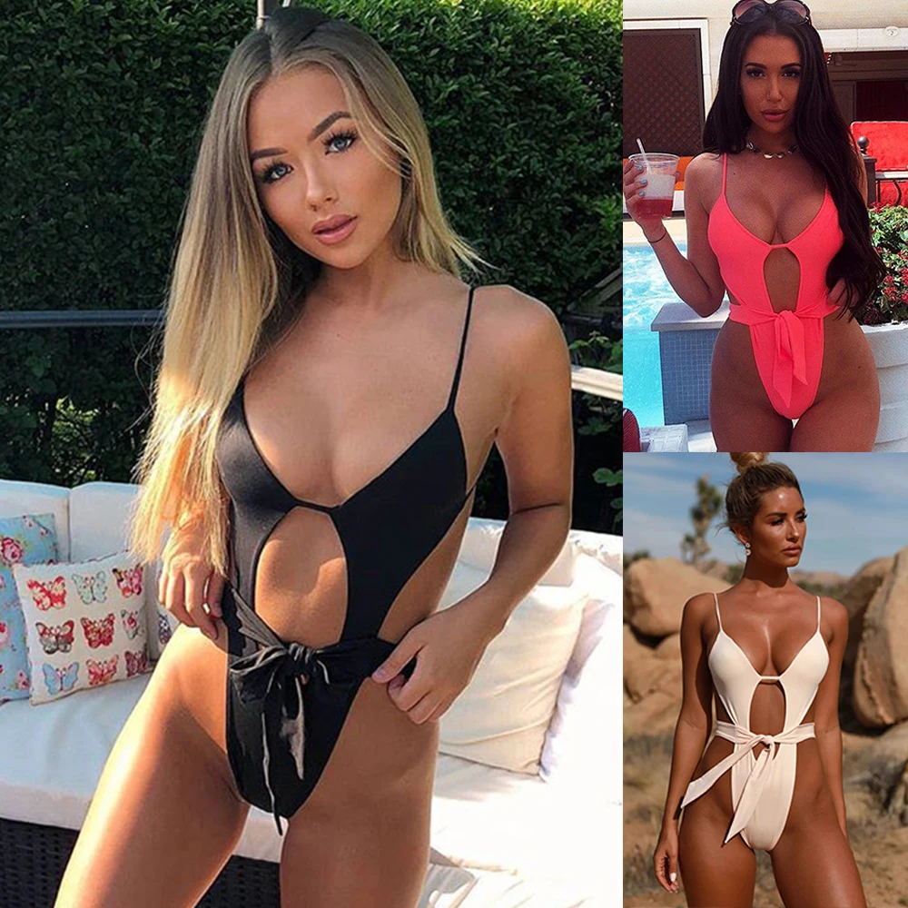 

HETUAF New Siamese Bikini Cutout Sexy Swimsuit Backless Sling Solid Color 2019 Summer Beach Women's Tight Fit Set