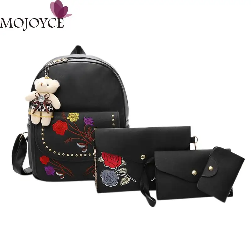 

4pcs Women Embroidery Backpack Casual Floral PU Leather Backpack School Bag For Teenage Girls Female Travel Shoulder Bag Mochila