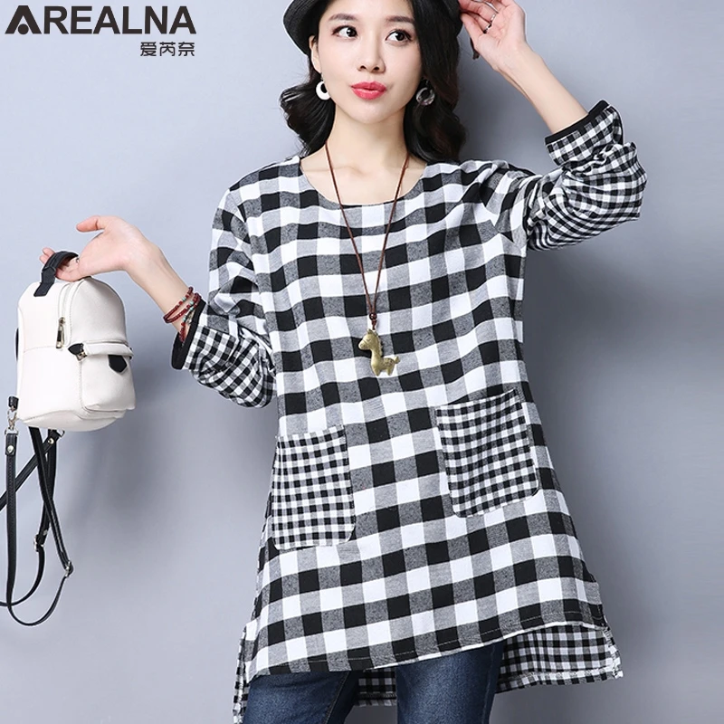 

AREALNA 2018 Casual Plaid shirt Women Blouses Kimono Vintage Linen Cotton Long Sleeve Blouse Female Shirts Tops blusas femininas