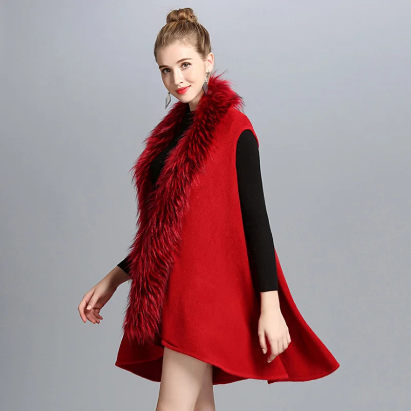 

ZDFURS*Women Autumn Winter New Fashion Long Fur Vest Shawl Cape Knit Fox Fur Waistcoat Cardigan Pashmina Coat 5 Colors