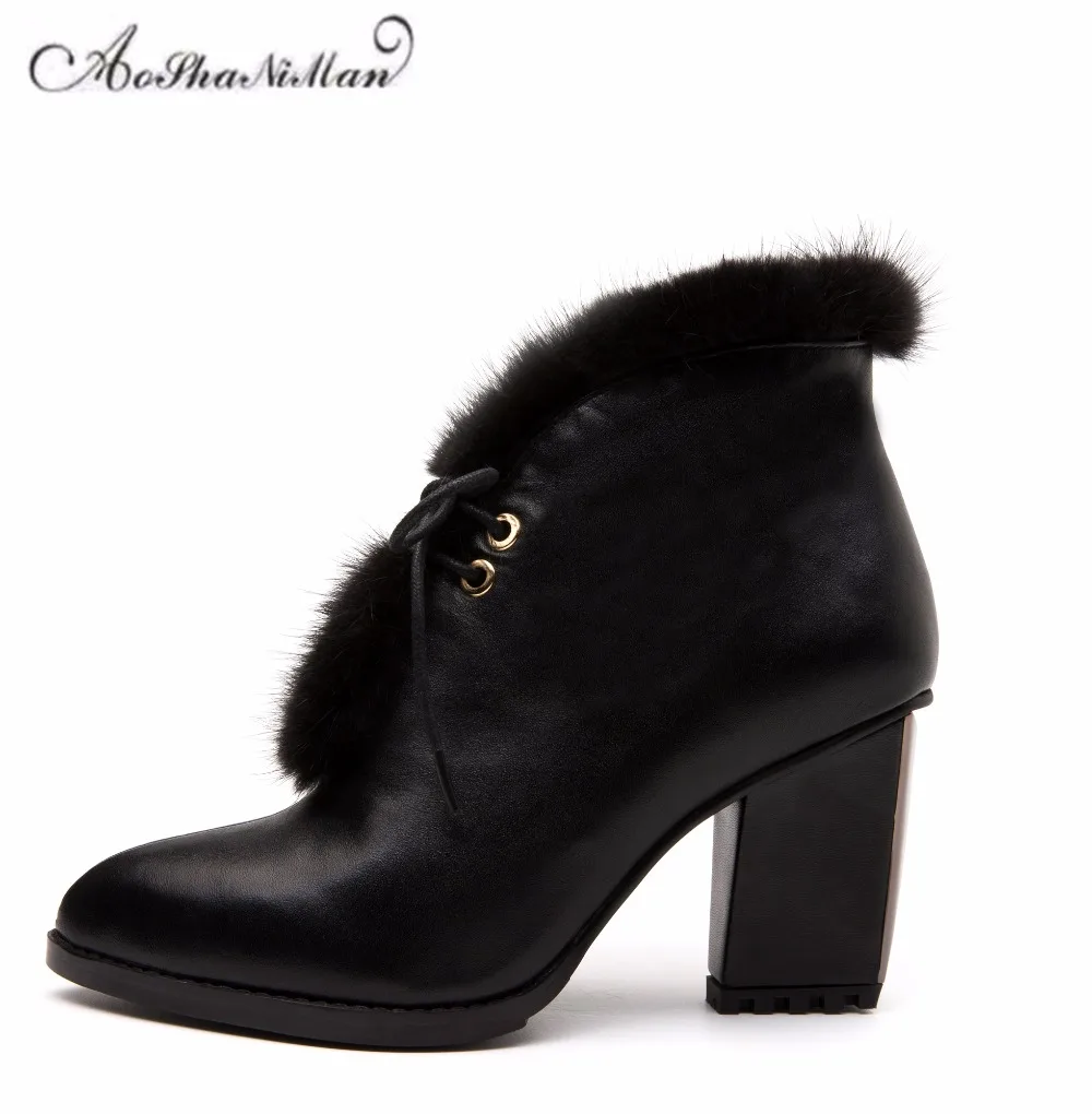 Autumn winter women ankle boots genuine leather mid heels boots ladies fashion casual Basic boots dress shoes with mink hair