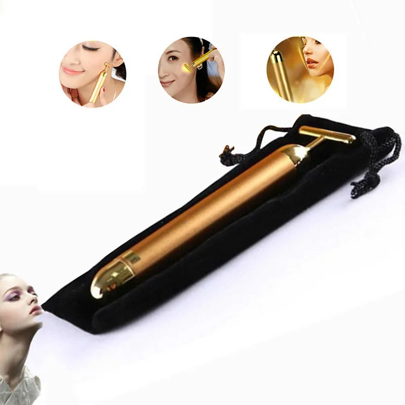 

Slimming Face 24k Gold Vibration Facial Beauty Roller Massager Stick Lift Skin Tightening Wrinkle Bar Face with Black Bag