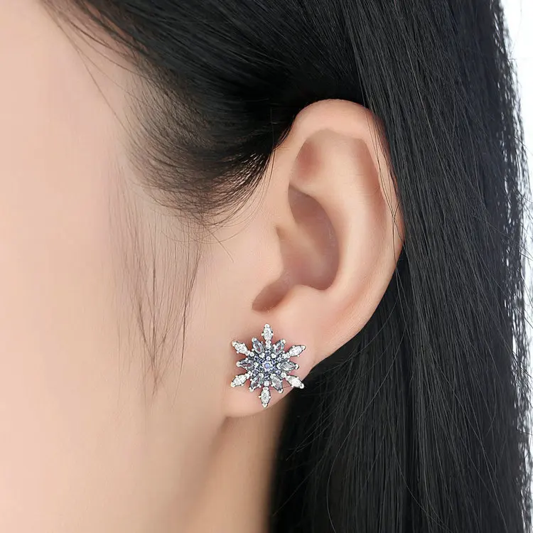 925 пробы серебряные кристаллизованные снежинки, синие кристаллы и прозрачные CZ серьги-гвоздики для женщин подарок модные ювелирные изделия WEUS480