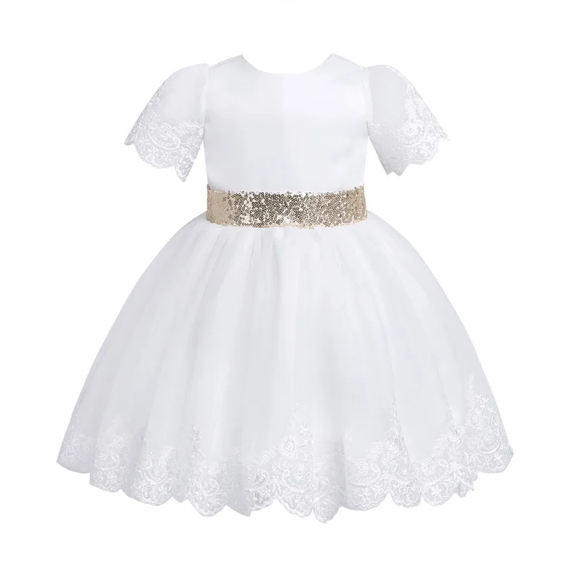 Платье принцессы с вышитыми короткими рукавами и блестками и бантом для девочек, платье принцессы для конкурса красоты, свадебное платье подружки невесты на день рождения - Цвет: White