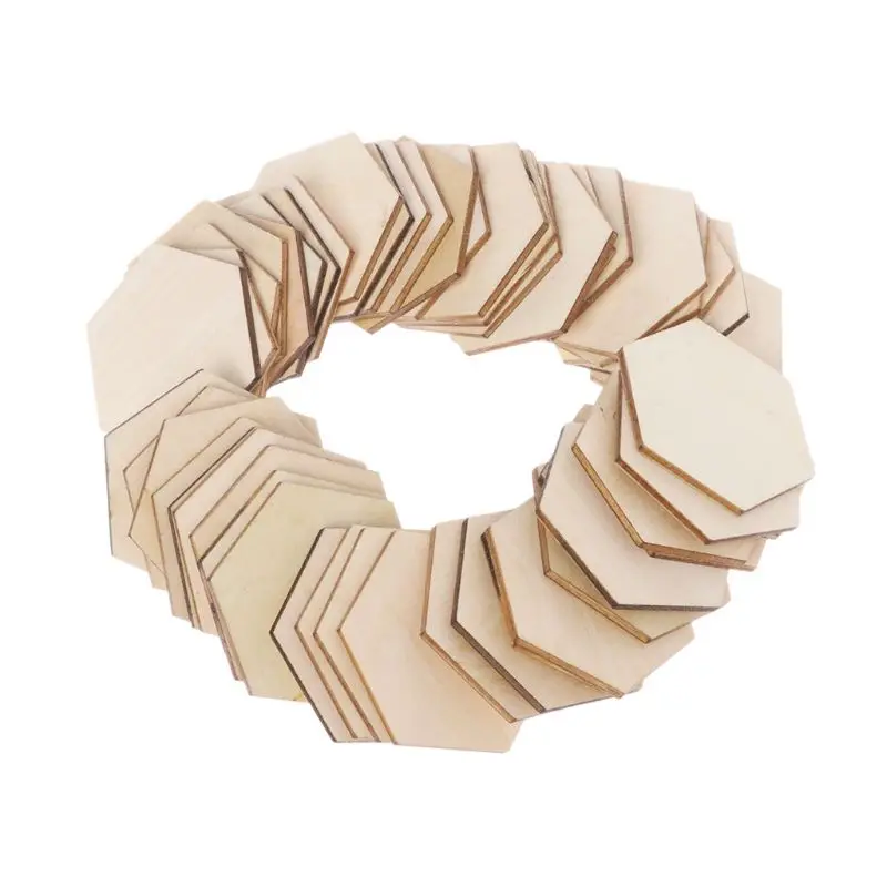 

50pcs Hexagon Laser Cut Unfinished Wooden Discs Embellishments Arts Crafts DIY Birthday Wedding Display Decor 50mm
