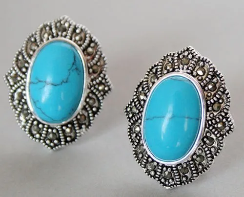 

lady's VINTAGE 925 SILVER Natural Stone STUD EARRINGS 1" Natural stone bread Earing big silver earrings