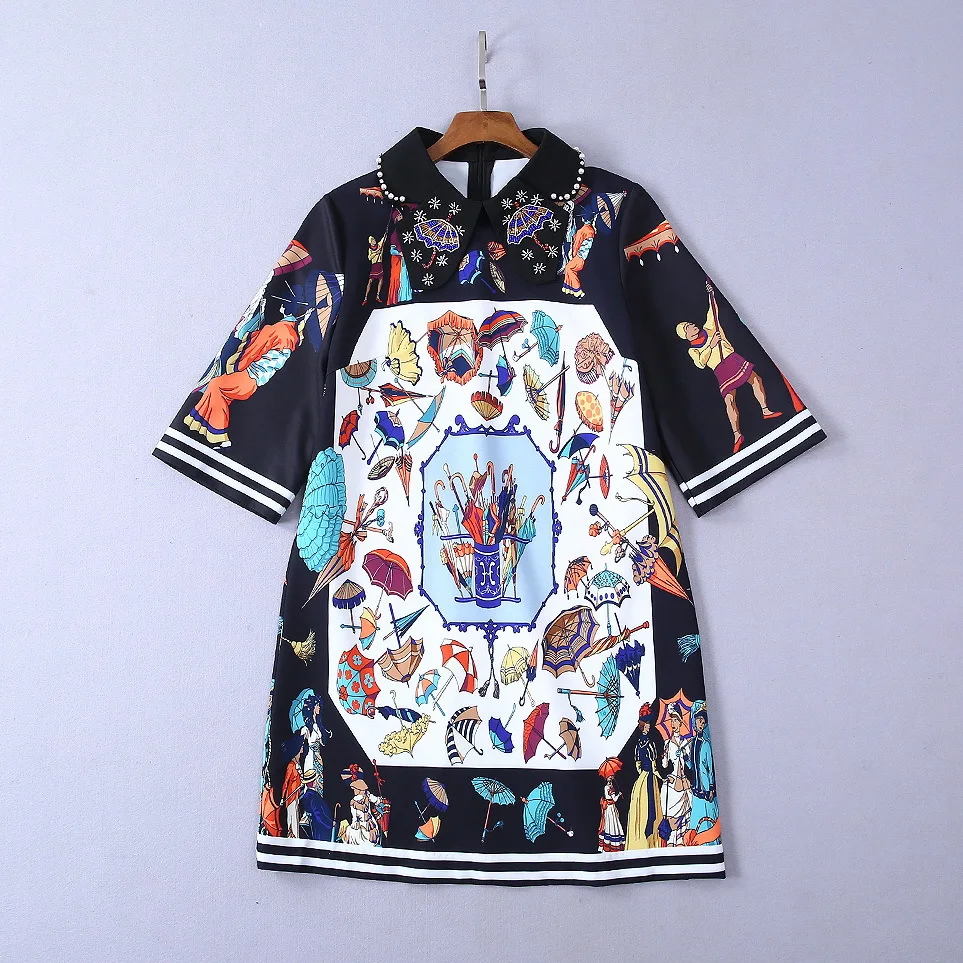 

Fashion women's pearls beading loose dress 2019 summer runways retro print vintage dress A218
