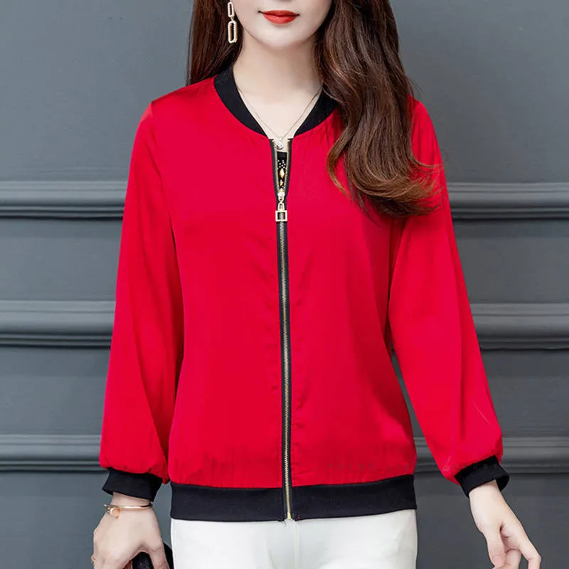 Повседневная бейсбольная куртка для мамы размера плюс, Женская Повседневная однотонная тонкая куртка на молнии, Женская легкая верхняя одежда с защитой от солнца и УФ-излучения - Цвет: RED