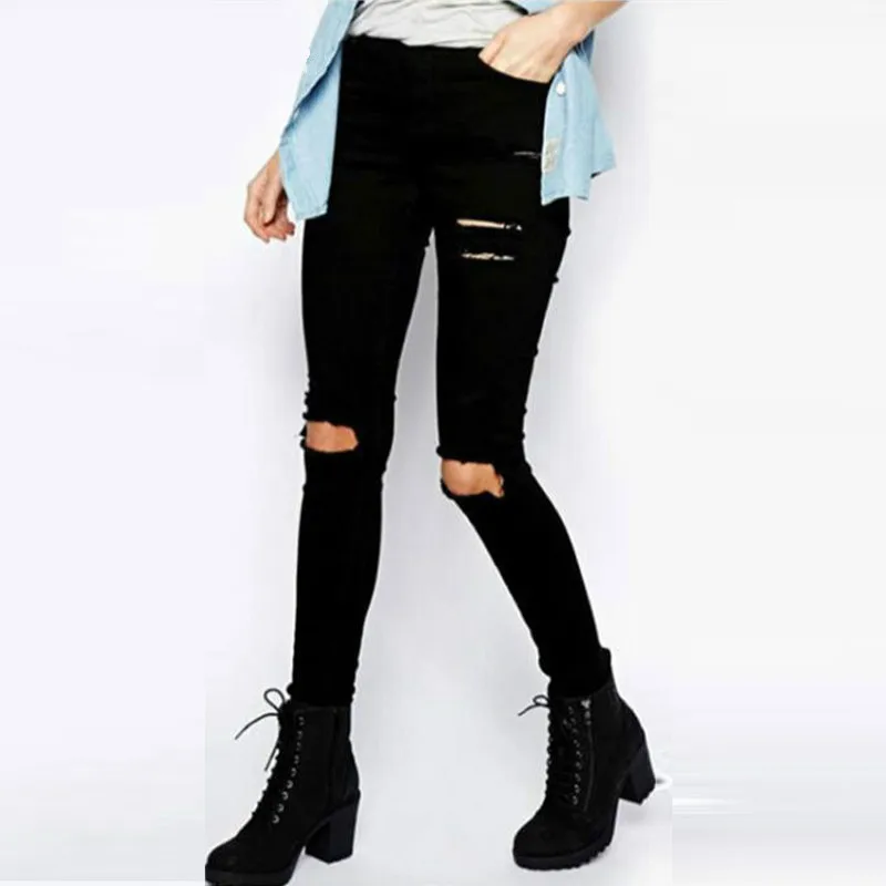 Для Женщин Узкие рваные джинсы Высокая талия стрейч проблемных отверстие деним Pencial брюки для девочек Destroy промывают мода уличная мотобрюки