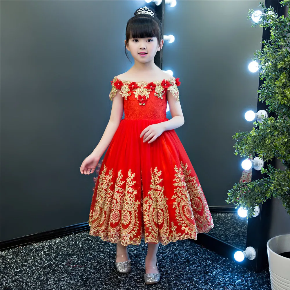 

Shoulderless Flower Girl Dresses for Weddings Gold Wire First Holy Communion Dress Sequined Ball Gown Kids Birthday Party Gowns