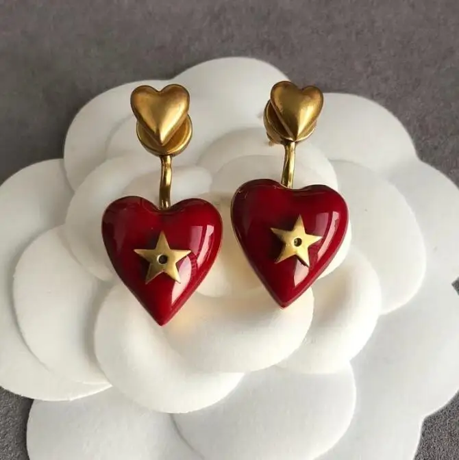 

Vintage peach heart love earrings red heart earrings star enamel eardrop