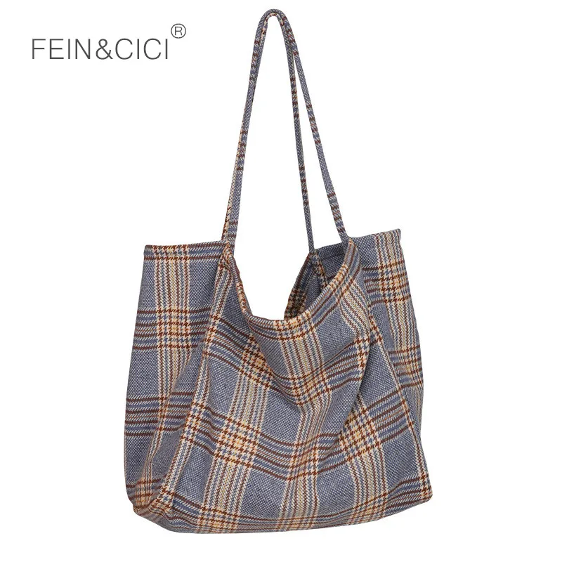 

Plaid shopping bag large big jumbo capacity casual canvas bag women luxury brand warm shoulder bag 2018 winter new drop shipping