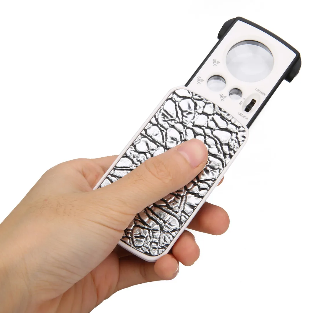 Jeweler Magnifier Jeweler Loupe LED Slide Loupe Pocket Magnifying 30/60/90X Jeweler Magnifier Glass UV LED Slide Light Loupe