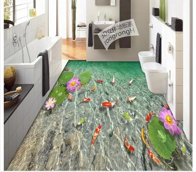 

Custom photo floor wallpaper 3 d floor carp pond lotus 3d mural PVC wallpaper self-adhesion floor wallpaer