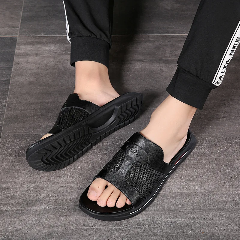 

Genuine Leather Sandals Men Summer Shoes 2019 Fashion Mens Beach Sandals Man Summer Holiday Shoes Black Slippers Non-slip KA1344