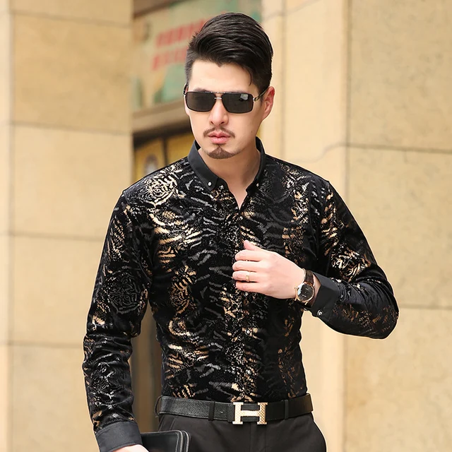 2017 Gold And Black Shirts Mens Bronzing Leopard Printed Silk 2017 Gold And Black Shirts Mens Bronzing Leopard Printed Silk Velvet Dress Camisa Slim Fit Social Club Ouftis