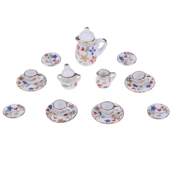 

15 PCS Purple Flower China Dolls Ceramic Tea Sets 1:12 Scale For Doll House Tableware Miniature Furniture