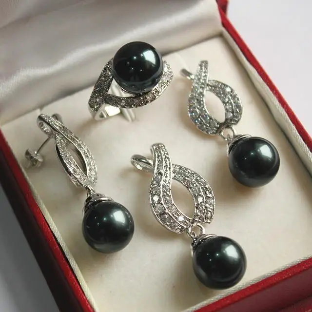 

Hot! nice new jewelry silver plated + 12mm black shell pearl pendant, earring, , ring set