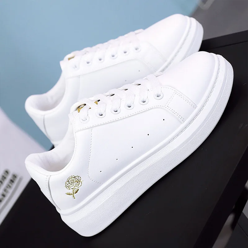

Breathable Floral White Sneakers Women's PU Casual Shoes 2019 Spring Autumn Platform Shoes Flat Skate Footwear Trainers