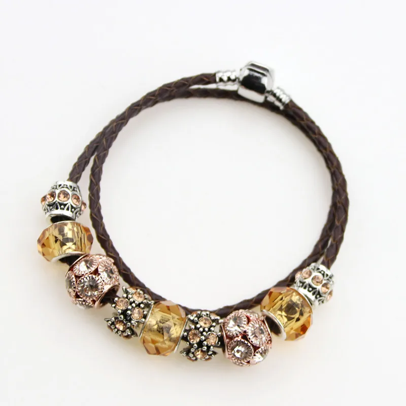 

2019 DIY Handwork Orange Crystal/Glass Beads Leather Cord Fashion Pan Elegant Charm Bracelets & Bangles For Women Gift