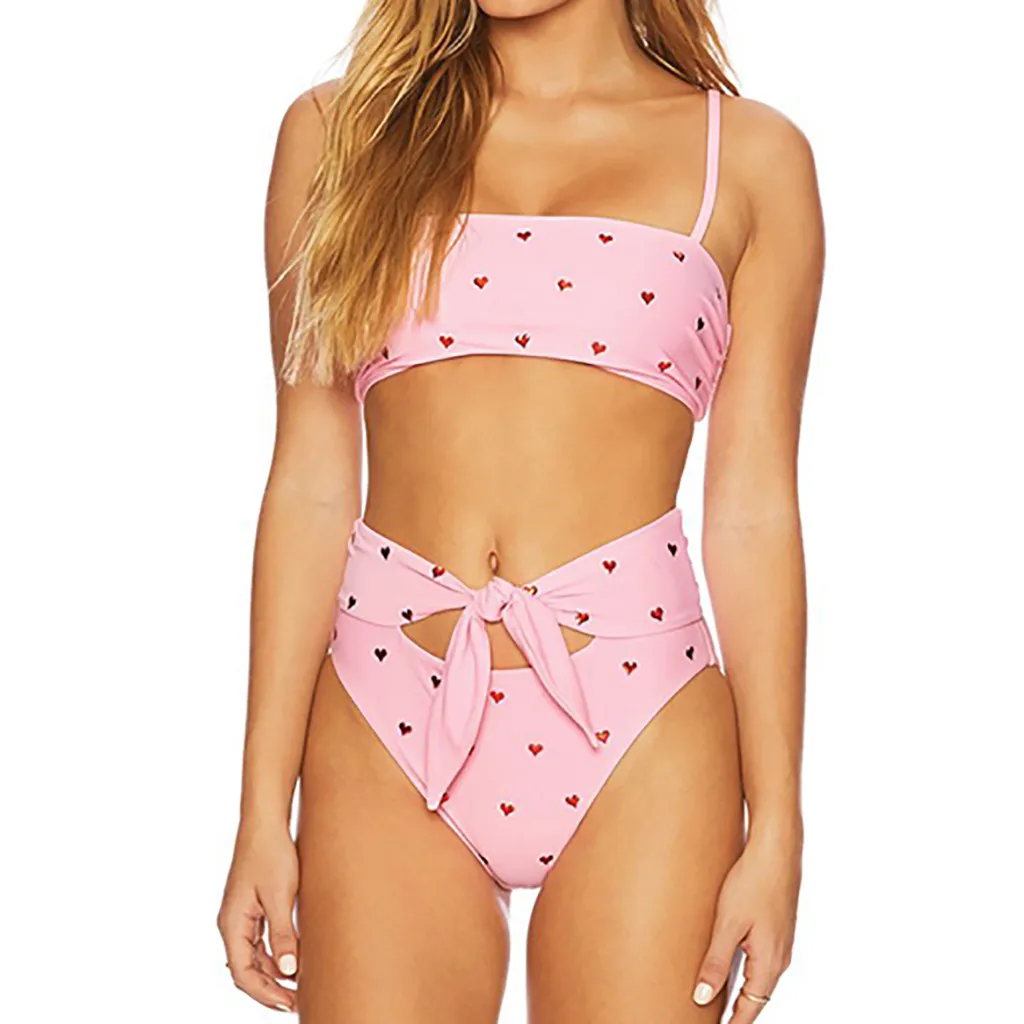 

Pink Heart Print Bikini Set Sling Beach High Waist Split Swimwear Push Up Filled Bra Lace Up Swimsuit Viquinis Mujer 2019#Y1