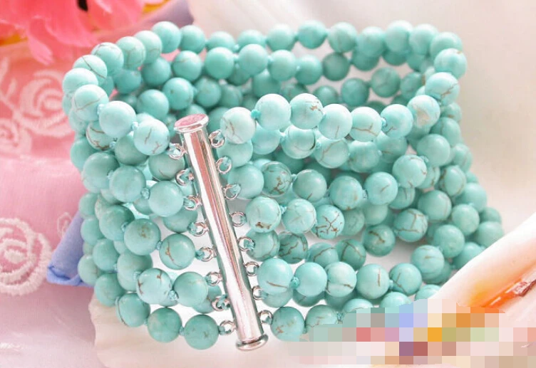

0649 8row 8" round green turquoise bead bracelet magnet