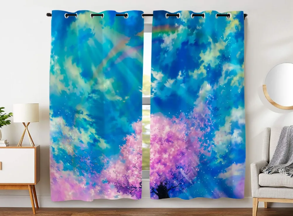 

HommomH Curtains (2 Panel) Grommet Top Darkening Blackout Room Beautiful Blue Sky Rainbow Cherry Tree Blue