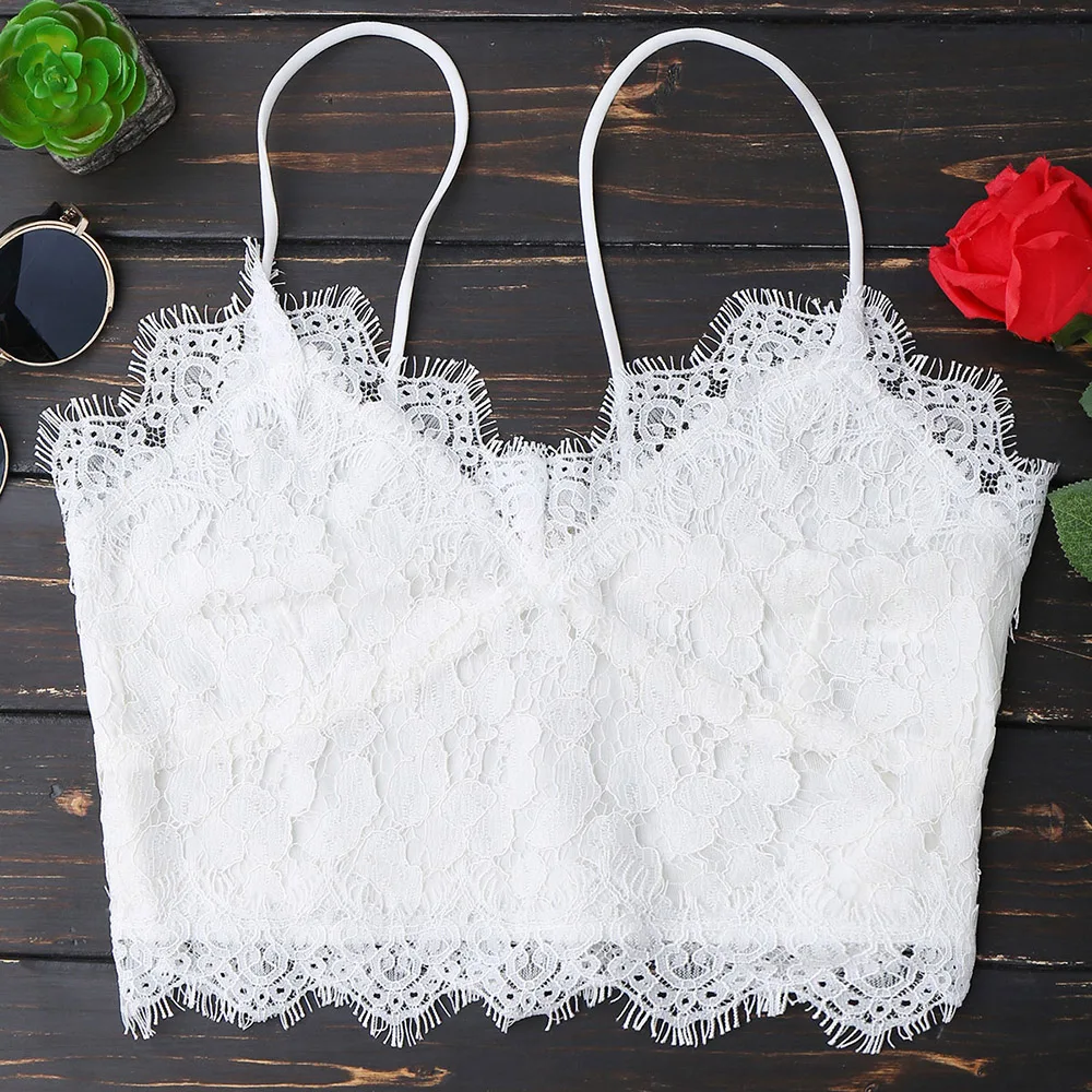 

ZAFUL Women Summer Crop Tops Sexy Spaghetti Strap Scalloped Lace Tank Top Female Clothes Solid Color Backless Streetwear Camis