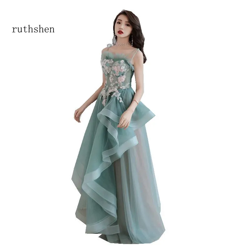 Ruthshen Асимметричный длинное платье для выпускного вечера 2018 новый Ruched Illusion прозрачная ткань с аппликацией и стразами для женщин вечерние