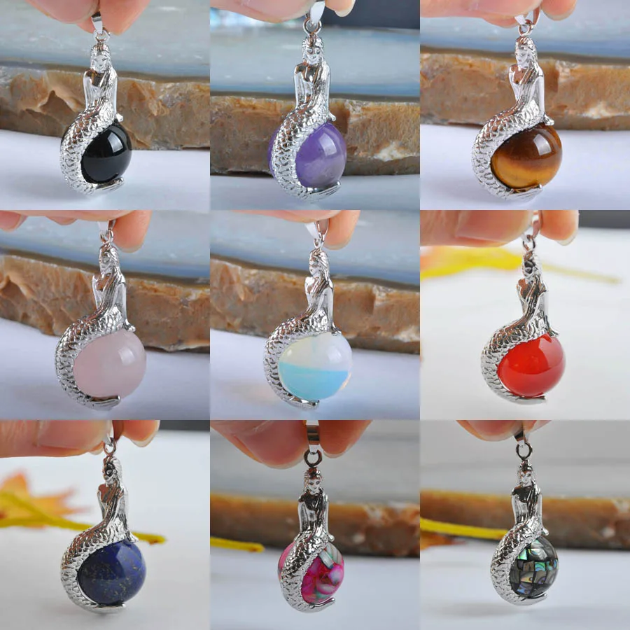 Fashion Jewelry Natural Shell Stone Bead Onyx Lapis Pink Crystal Opal Tiger's Eye Purple Mermaid Pendant 1Pcs | Украшения и