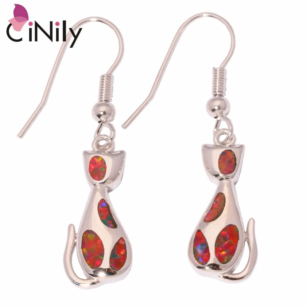 

CiNily Created Orange Blue Fire Opal Wholesale Lovely Cute Cat for Women Jewelry Gift Drop Earrings 1.5" OH2539 OH2540