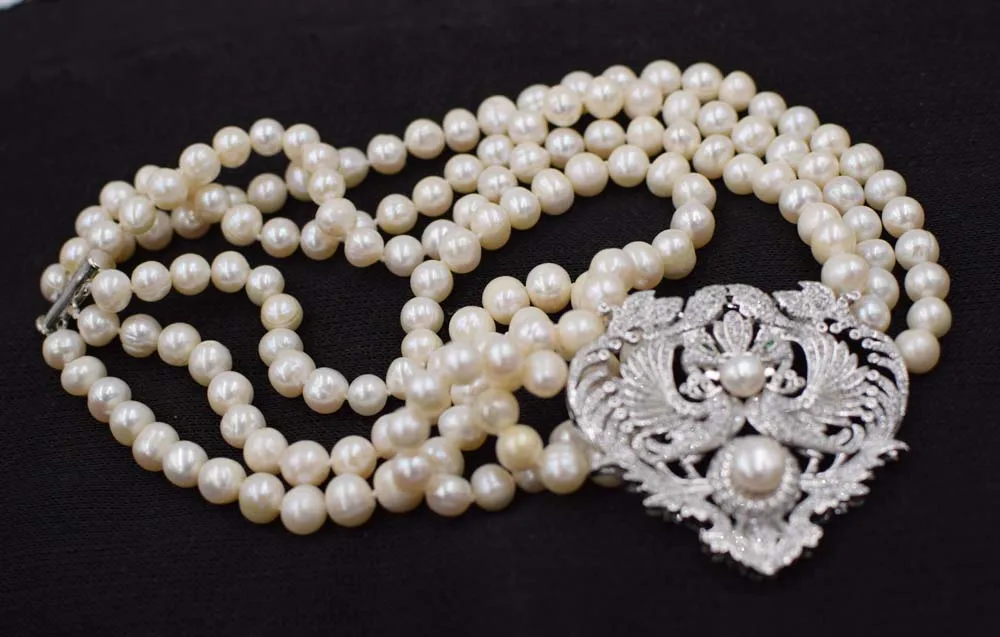 

3rows freshwater pearl necklace white round 8-9mm wholesale dragon pendant prndant FPPj gift 18-20inch FPPJ