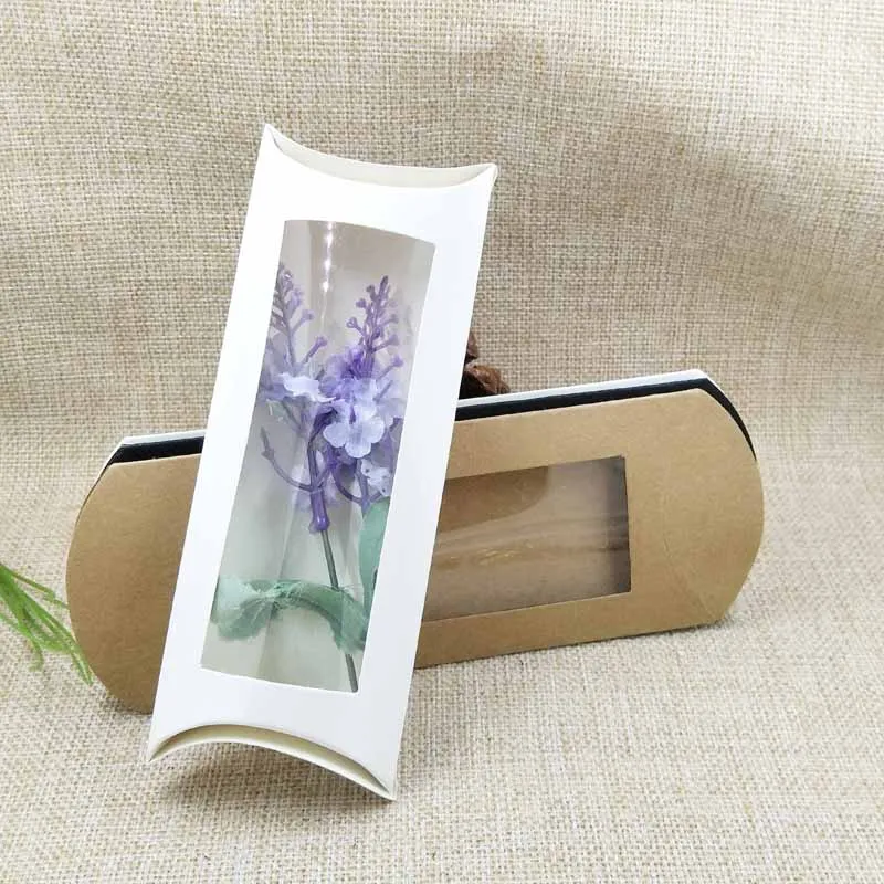 

20 pc 16*7*2.4cm white/black/kraft paper pillow box package with clear pvc window for proucts/gifts/favors/display packing