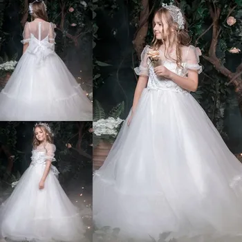 

New Popular Princess Dress Tulle Flower Girl Dress For Special Occasion Illusion Back Half Sleeves Bow Zipper Back Custom Made