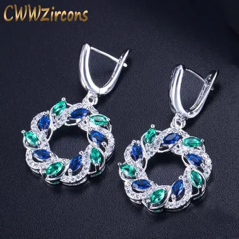 

CWWZircons 2020 New Silver Color Green Blue Cubic Zirconia Crystal Long Dangling Round Big Hoop Earrings for Women Jewelry CZ402