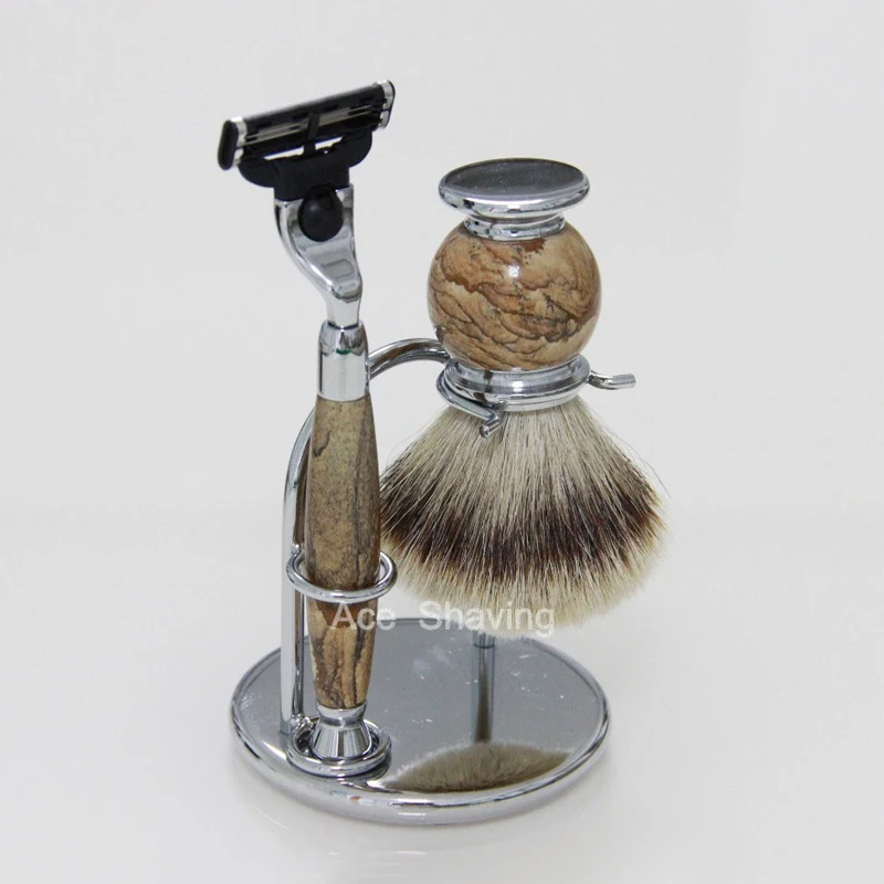 Природа "Рисунок" камень и металлическая ручка бритвы кисть из серебристого барсучьего волоса Набор для бритья