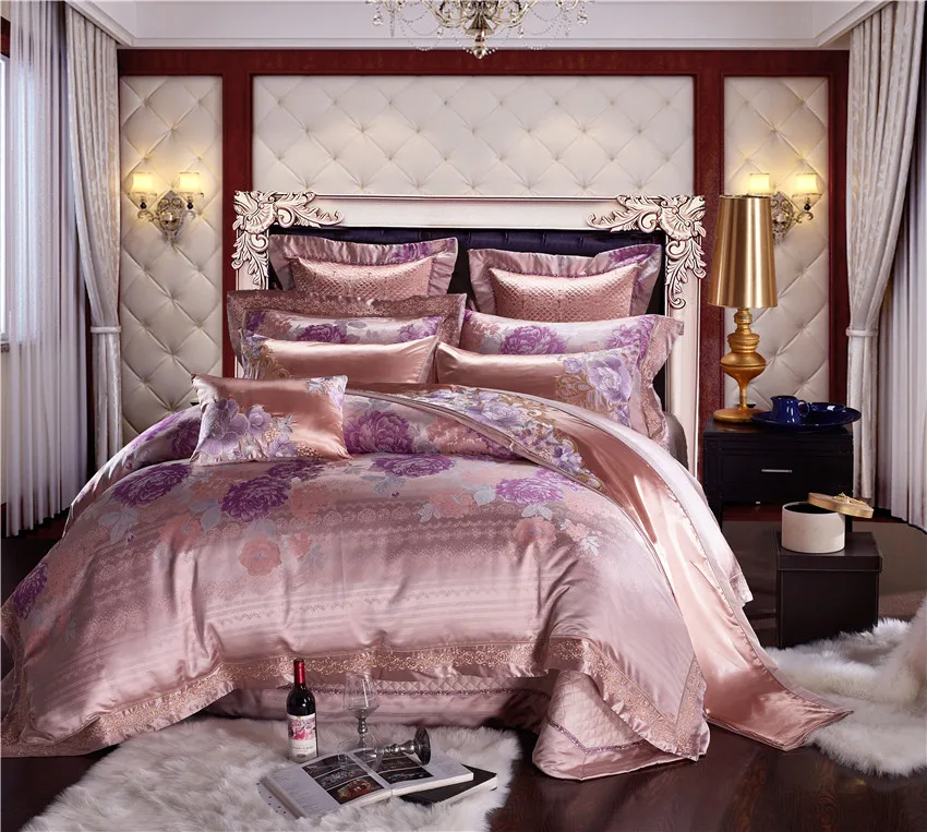 Buy Pink color Luxury Cotton Satin Jacquard Bedding