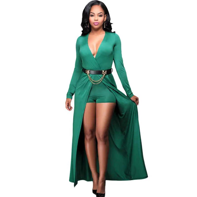 Free Shipping 2016 Sexy V neck long sleev high Slits vestidos green ...