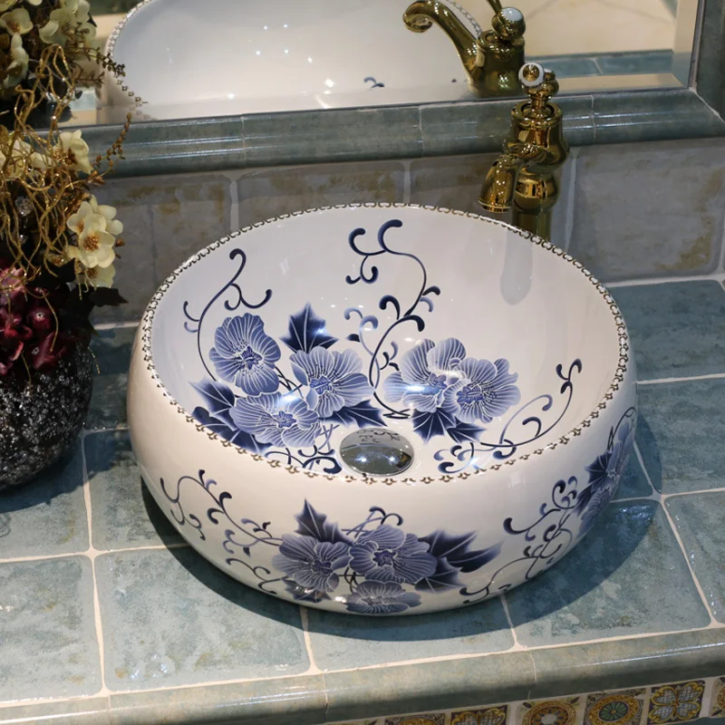Blue And White Ceramic Art Basin Sinks Counter Top Wash Basin Bathroom