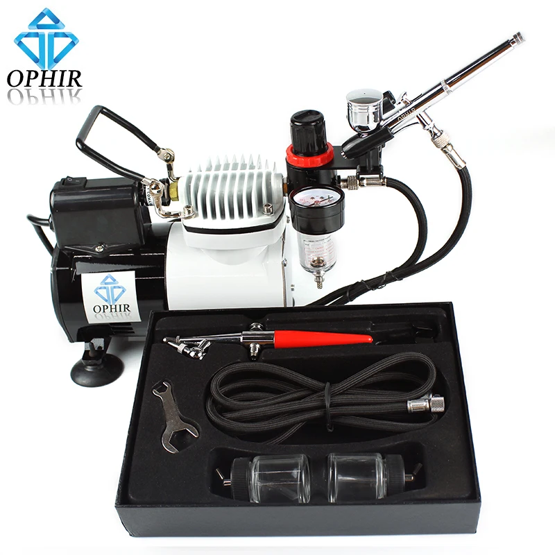 OPHIR 2x Airbrush Kits 1/6HP Single Cylinder Airbrush Compressor with Built-in Fan for Craftwork Spraying/Models_AC114+004A+050