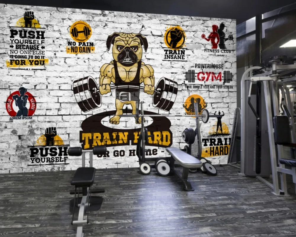 

Free Shipping RPersonality Creative Gym Wallpaper Photo Mural Bodybuilding Cartoon Doggy Wood Gym Custom 3D Background Wall