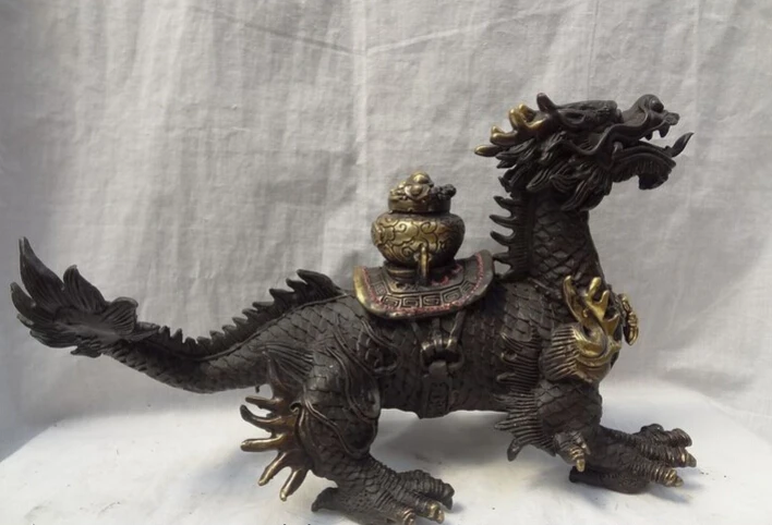 

song voge gem S3253 14" Chinese Bronze Gilt YuanBao Treasure Basin Dragon Kylin Unicorn Zun Statue