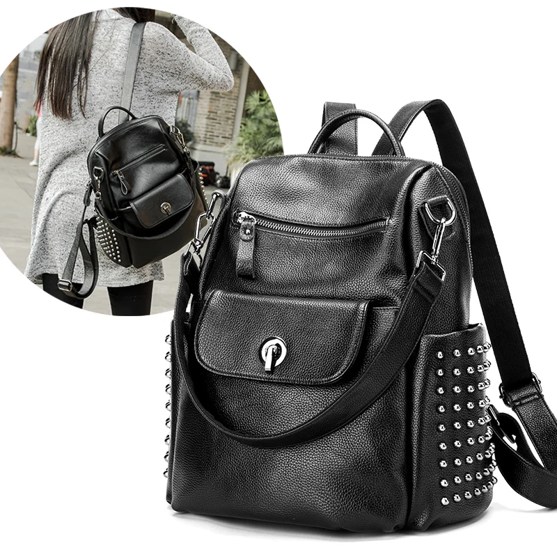 

AMONCHY Brand Designer Rivet Backpack Genuine Leather Women Backpacks Natural Calfskin Shoulder Bags For Female Durable Back Bag